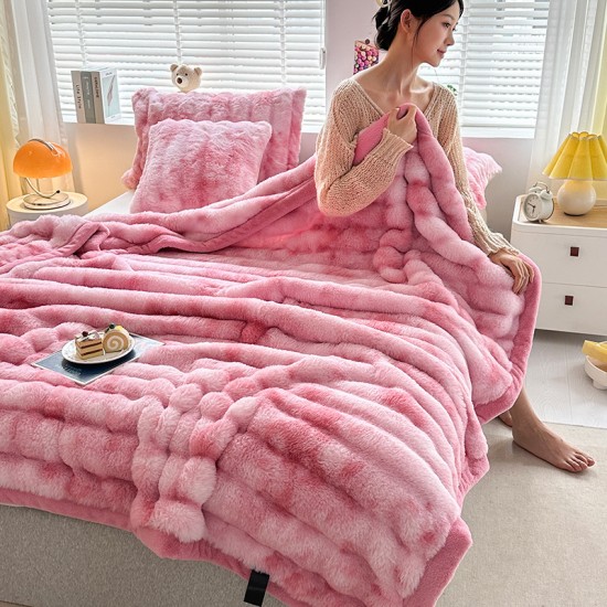 Cross border direct tie-dye imitation rabbit blanket Autumn/Winter thickened warm nap casual cover blanket flannel sofa blanket